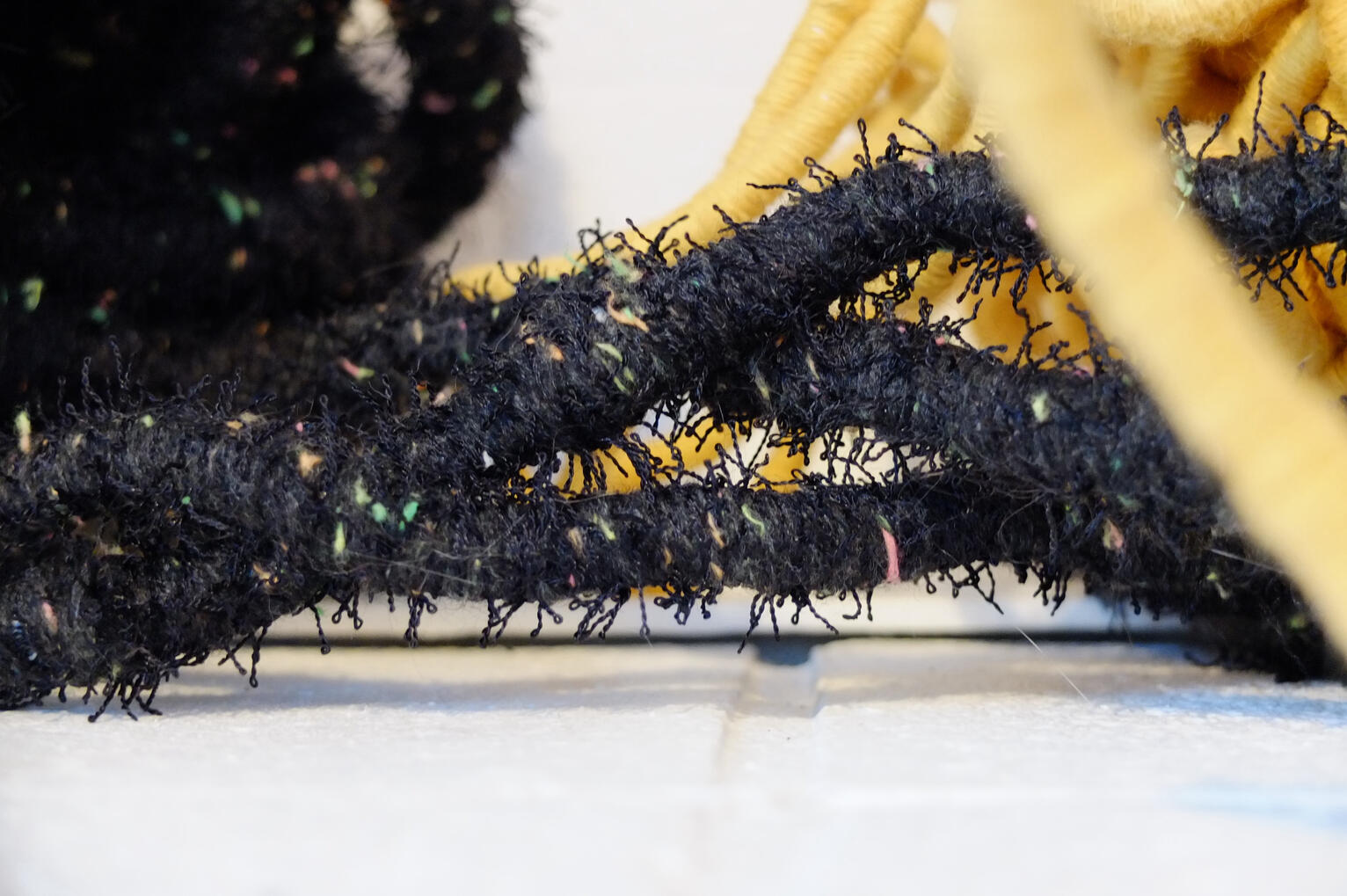 Tarantula and yellow fiber sculpture detail || 2017/2018 || yarn and rope || by Nate DeWaele